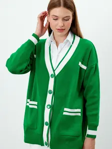 VAV Women's Long Knit Cardigan Stripe Detailed Modest Knit Cardigan Oversized Knit Cardigan Casual Sweaters Winter OOTD Modest Wear Knit Cardigan