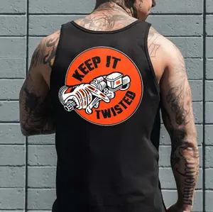 KEEP IT TWISTED Motorcycle Item Black Print Vest Black Print Tank Top- Tattoo Street Wear Casual Cotton Shirt, Unisex, Minimalist Style, Trending for Men & Women