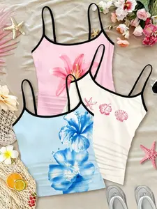 3-Piece Sleeveless Tank Tops Set, Lily Blue Hibiscus Starfish Prints, Adjustable Straps, Casual Fitted Vest for Beach Party, Floral