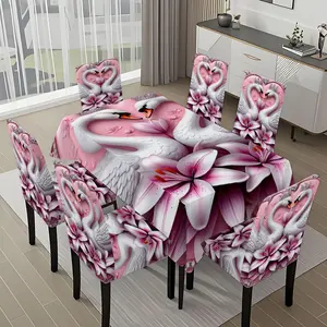5/7-piece 2D Flat Printing Pink and White Swan Flower Picture Printing Pattern Tablecloth and Chair Cover Set, for dining table and chair decoration, perfect for home, holiday gatherings, restaurants, and parties.
