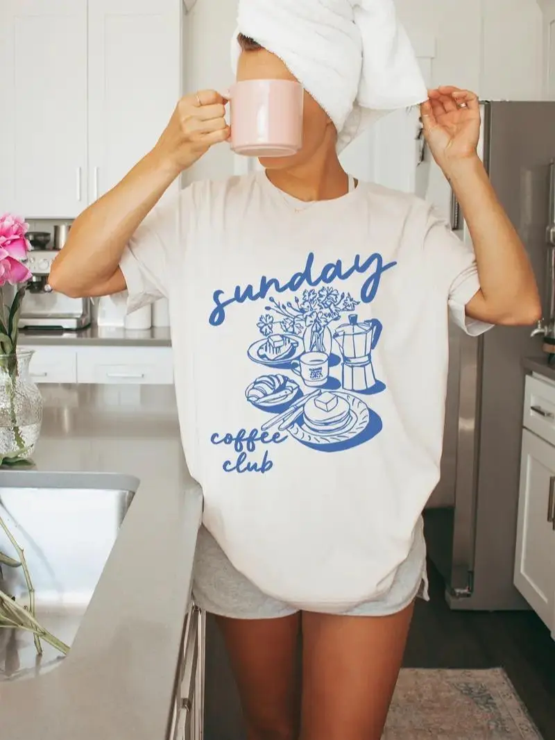 Sunday Coffee Club Graphic Tee Womens Oversized Cotton Crewneck Short Sleeve Casual Soft Lounge Shirt Trendy Brunch Weekend Outfit Gift For Coffee Lovers