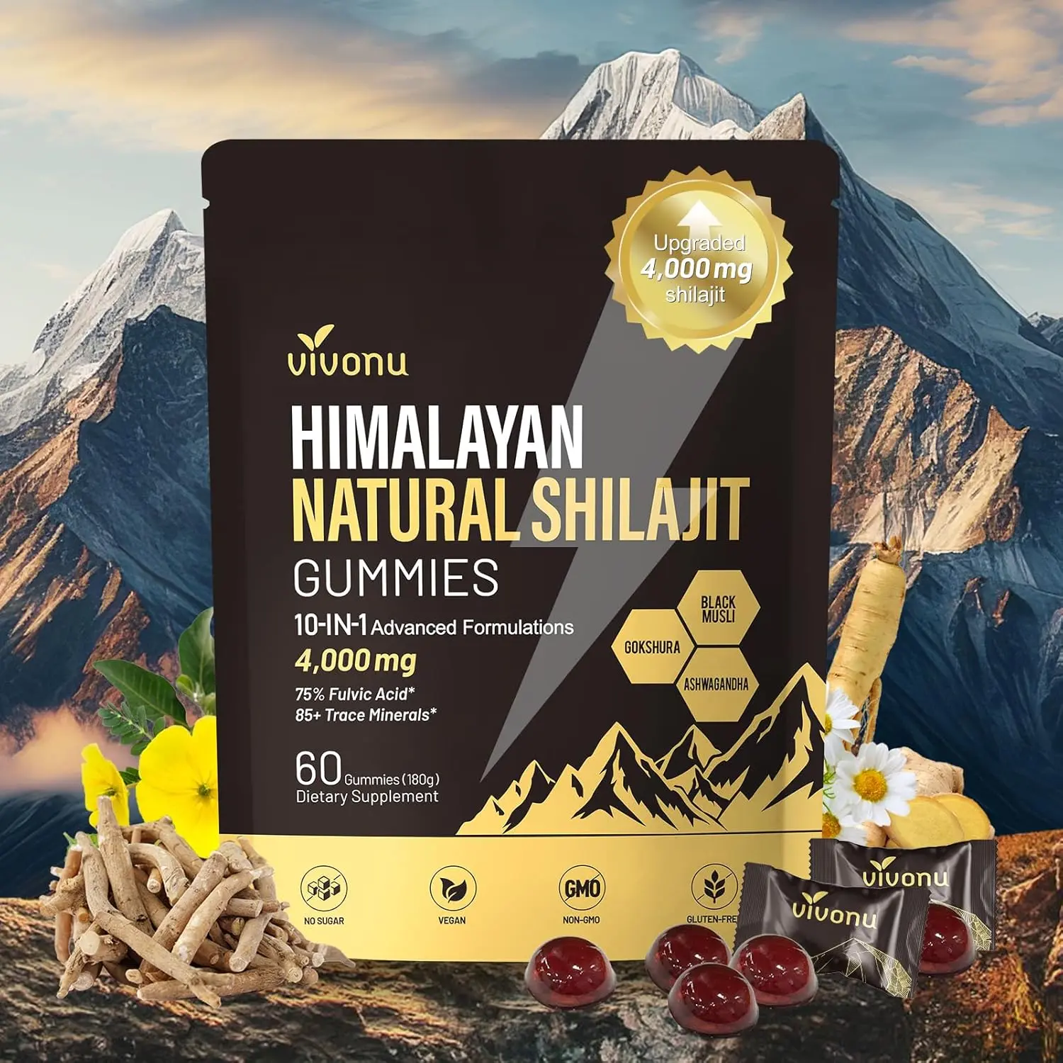Himalayan Shilajit Gummies for Men and Women 4000mg High Potency 10 in 1 Formula with Ashwagandha and 75 Percent Fulvic Acid Rich in 85 Trace Minerals Daily Energy Immune Booster Longevity and Vitality Vegan Formula
