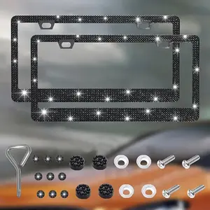 Imitation Diamond Car License Plate Frame Kit, Stainless Steel License Plate Cover, Car Exterior Decoration Accessories