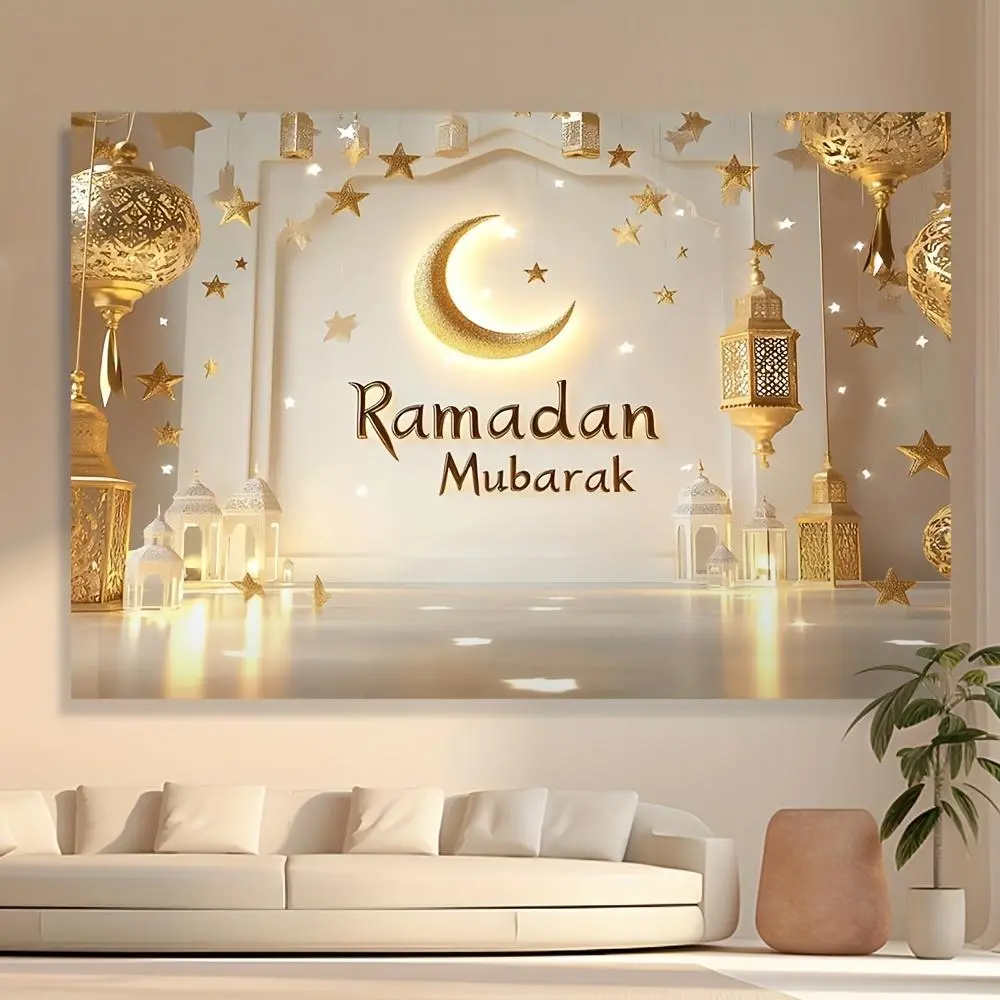 1PC Polyester Reusable 2D Flat Wall Tapestry - Islamic Ramadan Mubarak Decor with Golden Moon, Star, Lantern Design, Eid Al-Fitr Backdrop for Living Room Home Decor, Wall Tapestries,summerwins