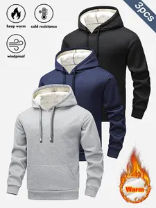 Men's 3-Piece Sherpa-Lined Hooded Sweatshirt Set Warm Windproof Cold-Resistant Fleece-Lined Pullover Hoodies for Daily Leisure Long Sleeves