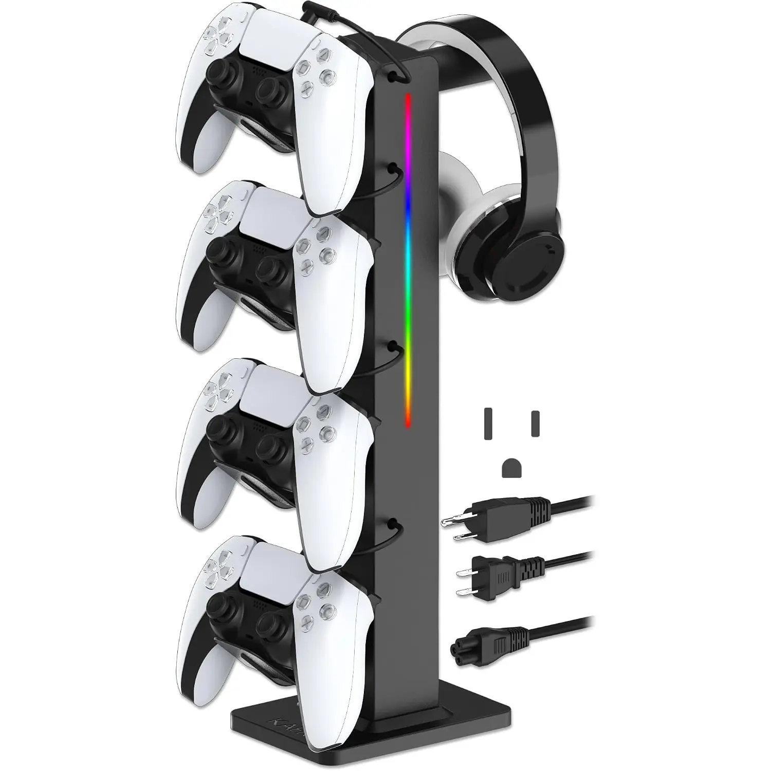 KAFRI RGB Gaming Headphone Stand with Controller Holder, Desk Organizer with Retractable Charger Cable, 2 AC Outlets & 4 Type-C Charging Ports, PC Gaming Accessories for Headset & Controller (Black)