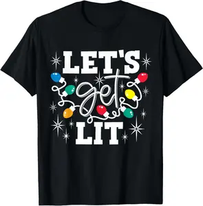 Let's Get Lit Drinking Santa Hat Christmas Lights Funny T-Shirt Pure Cotton Graphic Tees Menswear Top: Gifts for Men & Women