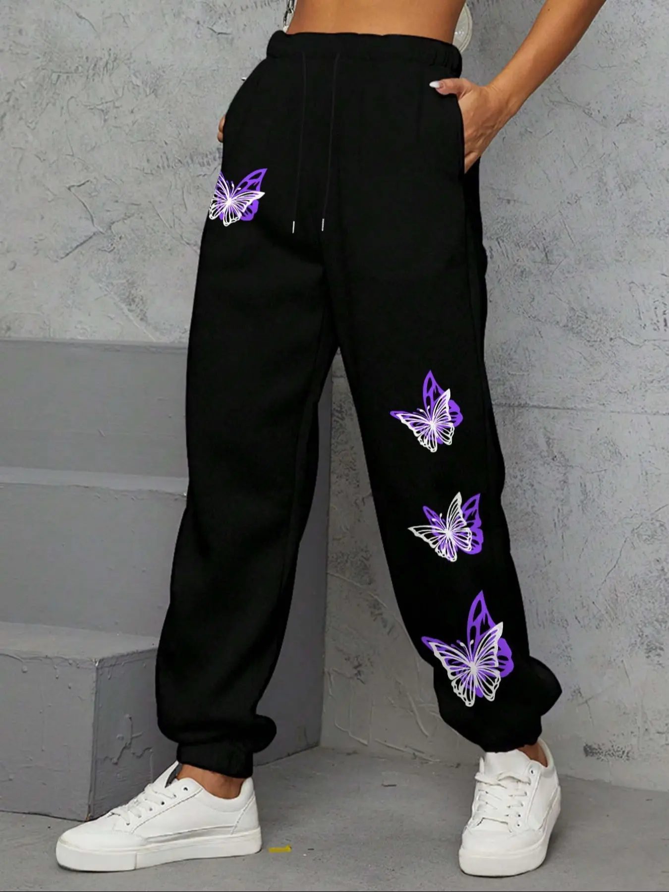 Women's Casual Sporty Pants, Butterfly Pattern Printed Sweatpants, Drawstring Hem Loose Fit, All Season Wearable Women's Long Pants