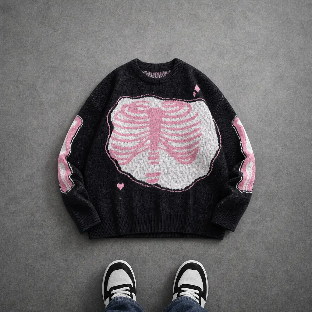 Sweet & cool black jacquard crewneck sweater with a heart motif and a bone-shaped frame design, unisex, high-street style, distinctive loose drop-shoulder knit pullover,sohochic
