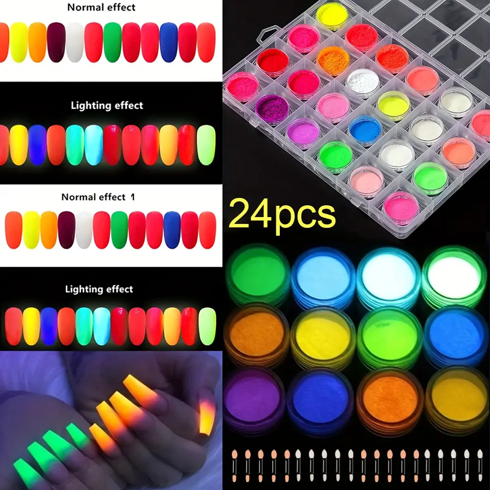 24Colors Neon Nail Pigment Powder Phosphor Chrome Glitter Ombre Gradient Manicure Stunning Summer Chrome Nail Powde Nail Art Rubbing Dust Decoration