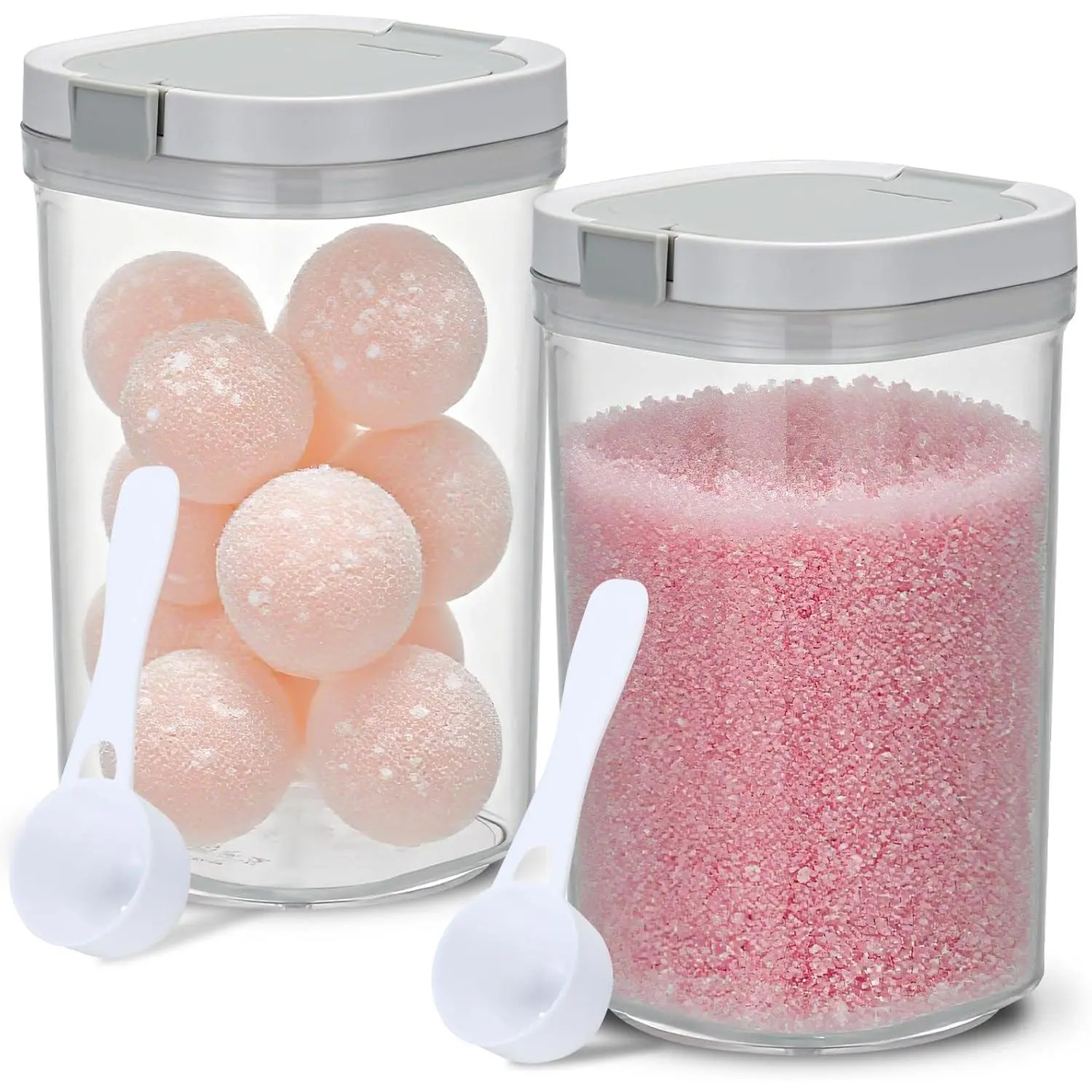 2 Pack Bath Salt Jar with Pop-Up Airtight Lid and Scoop, 1.8L Plastic Airtight Storage Canister Bathtub Accessories for Bathroom Salt, Flour, Candy, Tea