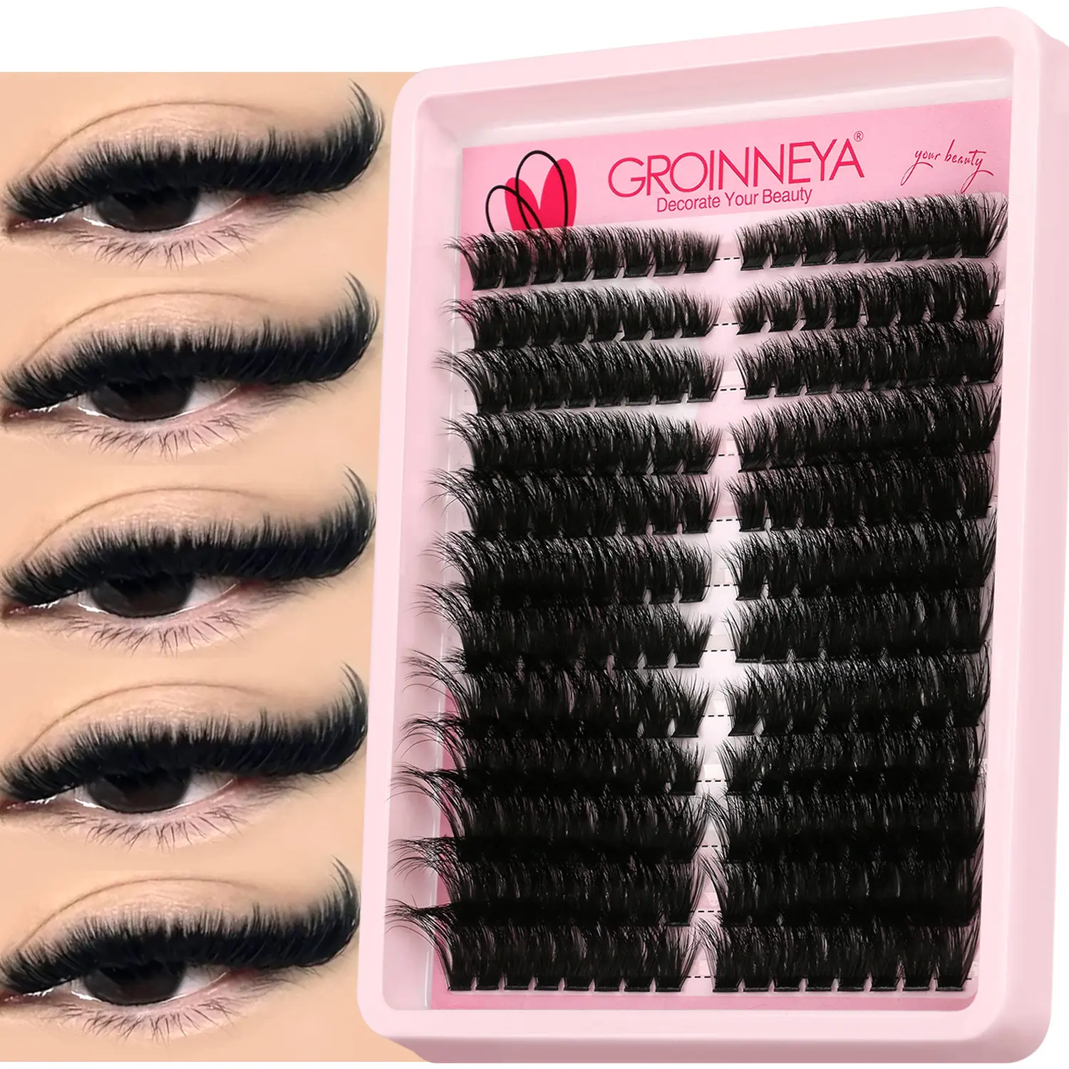 GROINNEYA 192PCS Clusters DIY Lash Extension Kit Wispy Soft Individual Lashes Cat Eye Lash Clusters Curl Spiky Cluster Mange Lashes Fluffy Criss-Cross Eye Lash Clusters Thick Lashes Makeup Tools