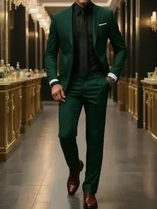 formal party Men's 2pcs Classic Suit Set High-Quality Formal Wear Comfortable Fit Stylish Jacket & Pants for Weddings Parties Business Meetings Special Occasions Solid Color Long Sleeve Button Details Lapel Collar Non-Stretch pant combination wrinkle-resi