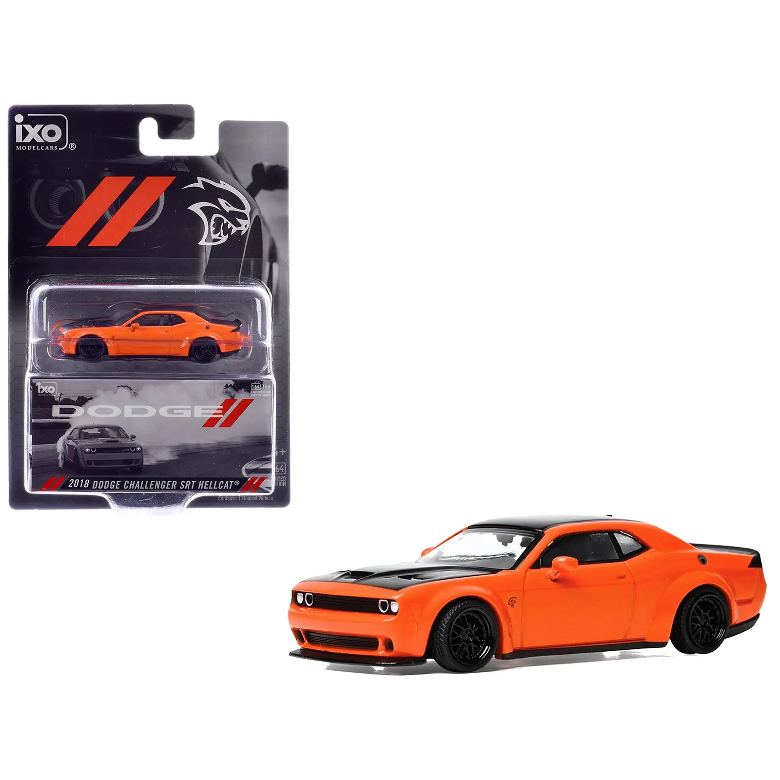 2018 Dodge Challenger SRT Hellcat Go Mango Orange with Matt Black Hood and Top 1/64 Diecast Model Car by IXO Models
