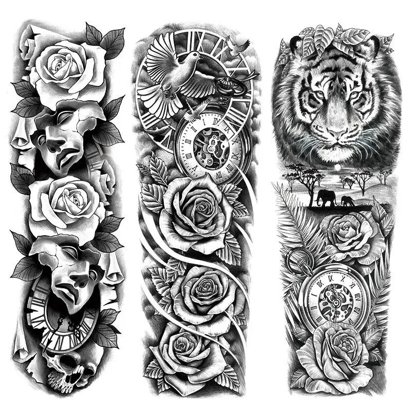 3 Sheets Temporary Tattoo Stickers, Tiger Dove Clock Flower Designs, Waterproof Realistic Fake Tattoos for Men Women, Peel Off Tattoo