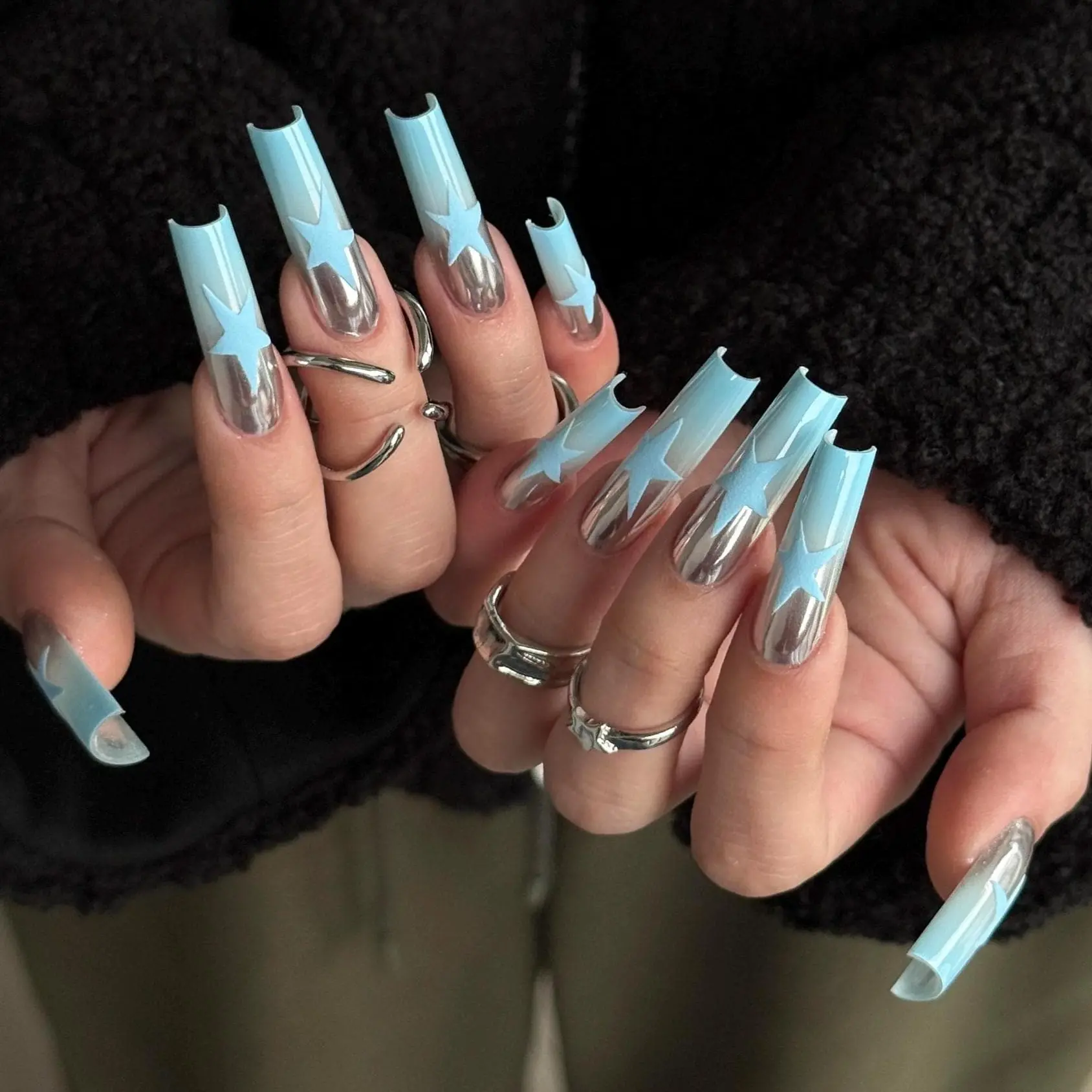 Y2K Cyber Press On Nails, Light Blue Chrome Star, Coffin Extra Long, Metallic Gel Finish, Custom Handmade Reusable Gel Nails, Gift for Her