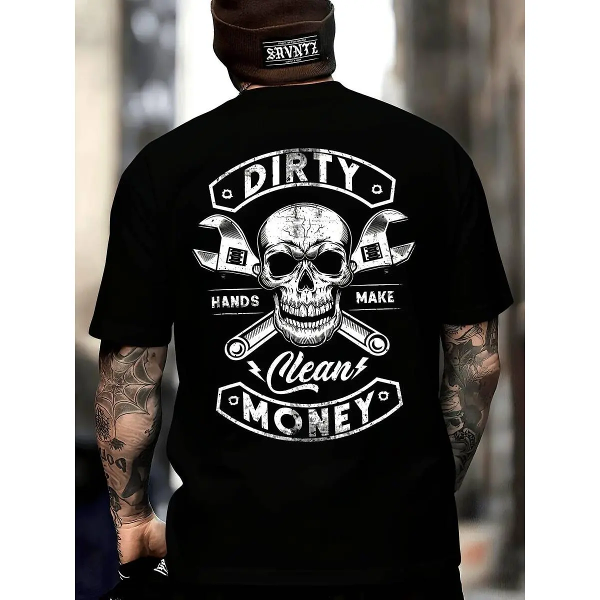 180gMen's Mechanic-Themed "My Hands May Be Dirty But My Money Is Clean" T-Shirt - Retro Skull & Wrench Design, Heavyweight Crew Neck Tee Suitable For Auto Repair Events & Daily Wear