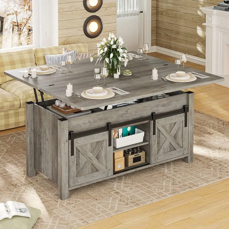 SIKAIC 4-in-1 Multi-Function Lift-Top Modern Rectangle Coffee Table - Elegant Matte Wood Texture Adjustable Elevated Drop Down Indoor Living Room Accent Furniture Tea Table, Modern Coffee Table