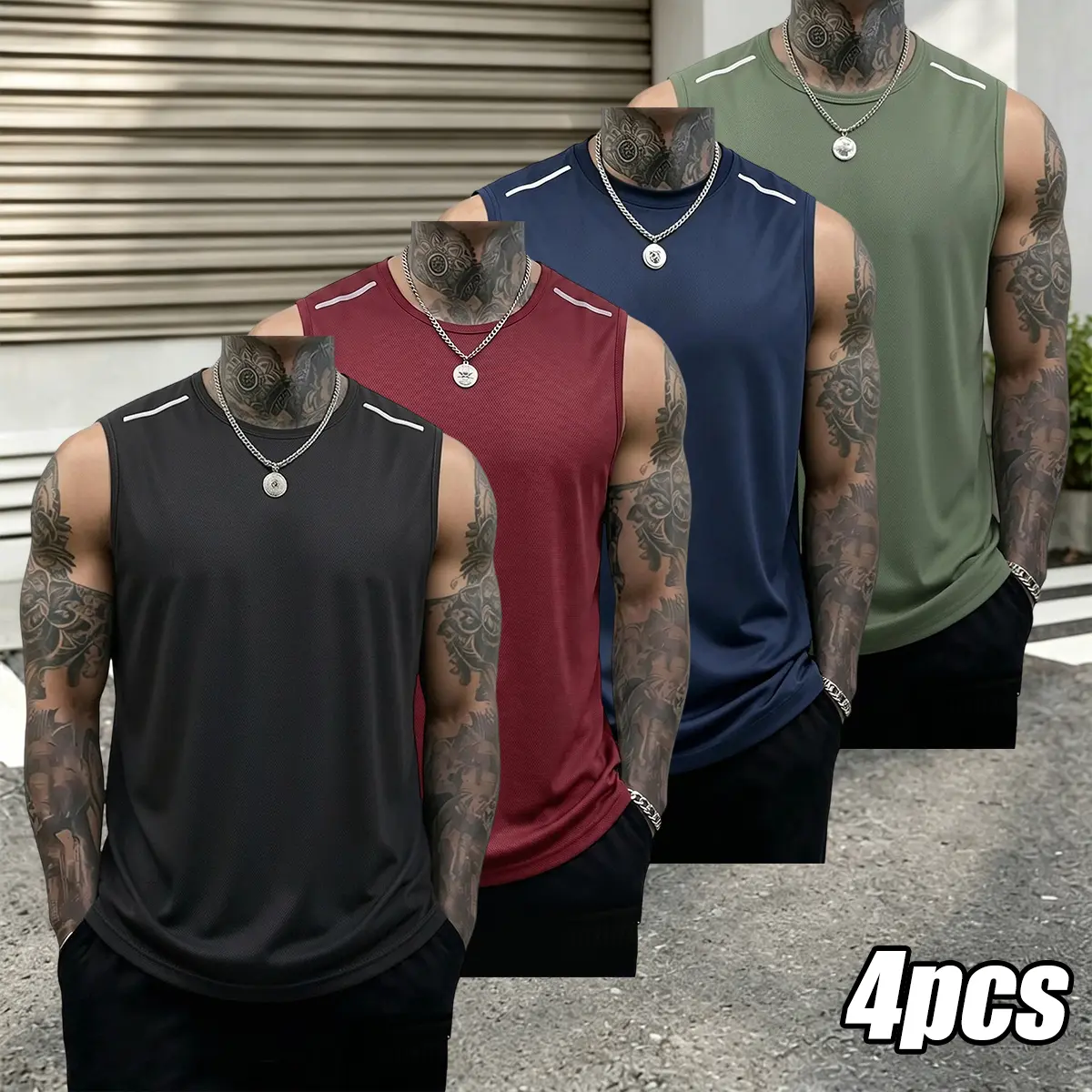 Men's quick-dry sleeveless muscle tank tops, 4-piece set.Comfortable, breathable fabric suitable for all training.Ideal for gym training, basketball, soccer, running, and various sports.