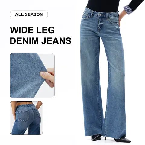 Freya ONESO Women's Mid Rise Wide Leg Denim Jeans Retro Streetwear Style Tummy Control Raw Hem Baggy Pants Comfortable Jeans Commuter Style Baggy High Stretchy Soft Breathable Spring& Summer DIY Inseams #SummerVibes