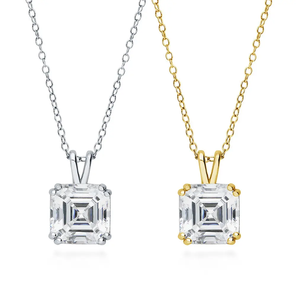 BERRICLE Yellow Gold Flashed Sterling Silver Solitaire Layered Pendant Necklace for Women, 3 Carat Asscher Cut Cubic Zirconia CZ 18 inch, 2-Piece Set