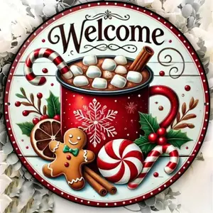 Round Welcome Sign Gingerbread Wreath Design Wall Decor for Home Living Room Christmas Gift
