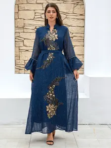 New Fashion Elegant Muslim Women's Dress Tunic Dress, Middle Eastern Embroidered Patchwork, Fitted Woven Fabric, All Seasons Wear