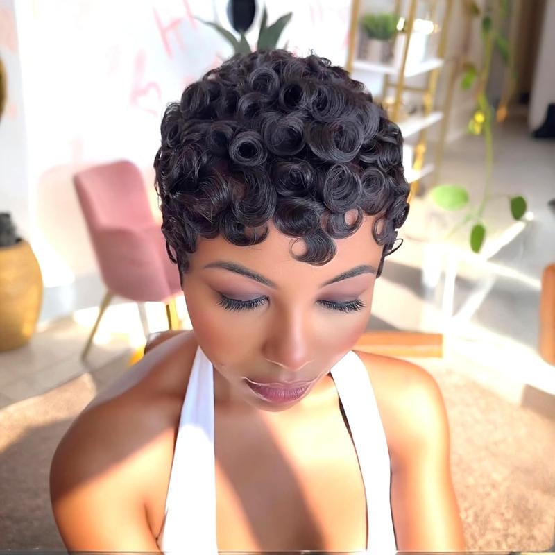 Short Curly Human Hair Wig Pixie Cut Wigs for Black Women Short Layered Curly Pixie Cut Wigs With Bangs Natural Black Color for Daily Use Glueless Full Machine Made Wig