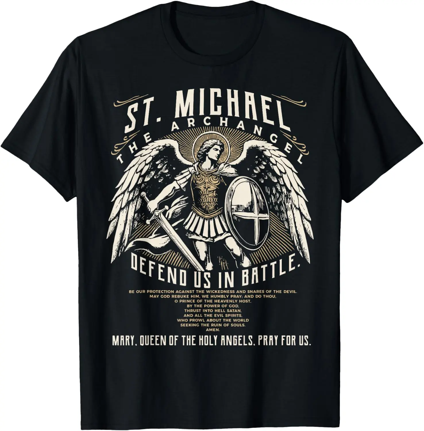 Unisex 100% Cotton Saint Michael The Archangel Prayer Catholic Graphic Short-Sleeve Round-Neck Casual Sports Top, Vintage Religious Faith Streetwear T-Shirt for Church Believers, Shortsleeve