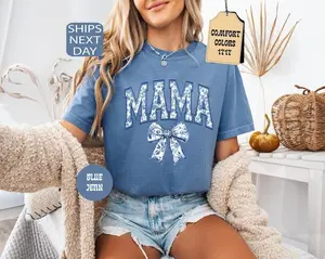 Comfort Colors Mama Shirt, Blue Ribbon Shirt, Mothers Day Gift, Aesthetic Gift For Mom, Cute Mom Shirt, Toile Bow Shirt, Chinoiserie Shirt, Gift For Her