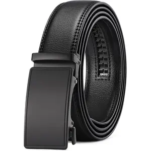 Men's Leather Belt Automatic Ratchet Buckle Slide Belt for Dress Casual Trim to Fit with Gift Box