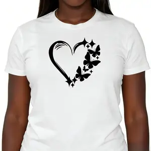 Unisex Women's Chic Red T-Shirt with Love & Butterfly Heart Design - Casual Crew Neck, Short Sleeve Top, Perfect for Spring & Summer, Stretchy Polyester Blend, Machine Washable