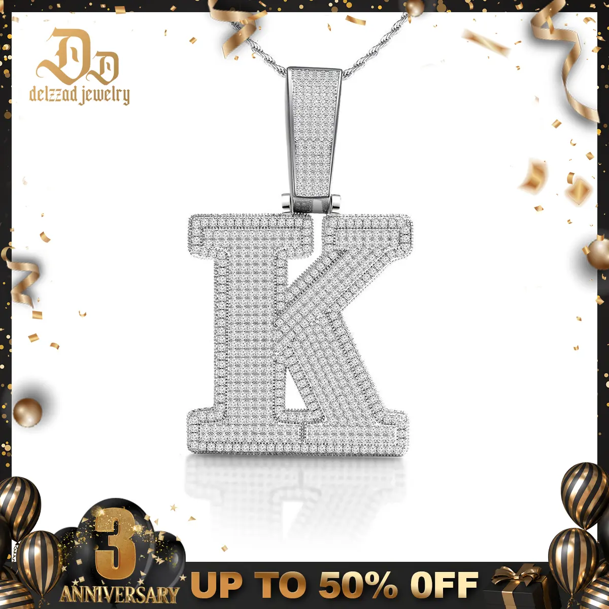 [Buy One Get Free Necklace] Delzzad 18K Gold-Plated Hip Hop Large Letter Zirconia Alphbet Pendant Birthday Anniversary Mother's Day Christmas Gifts for Men Women