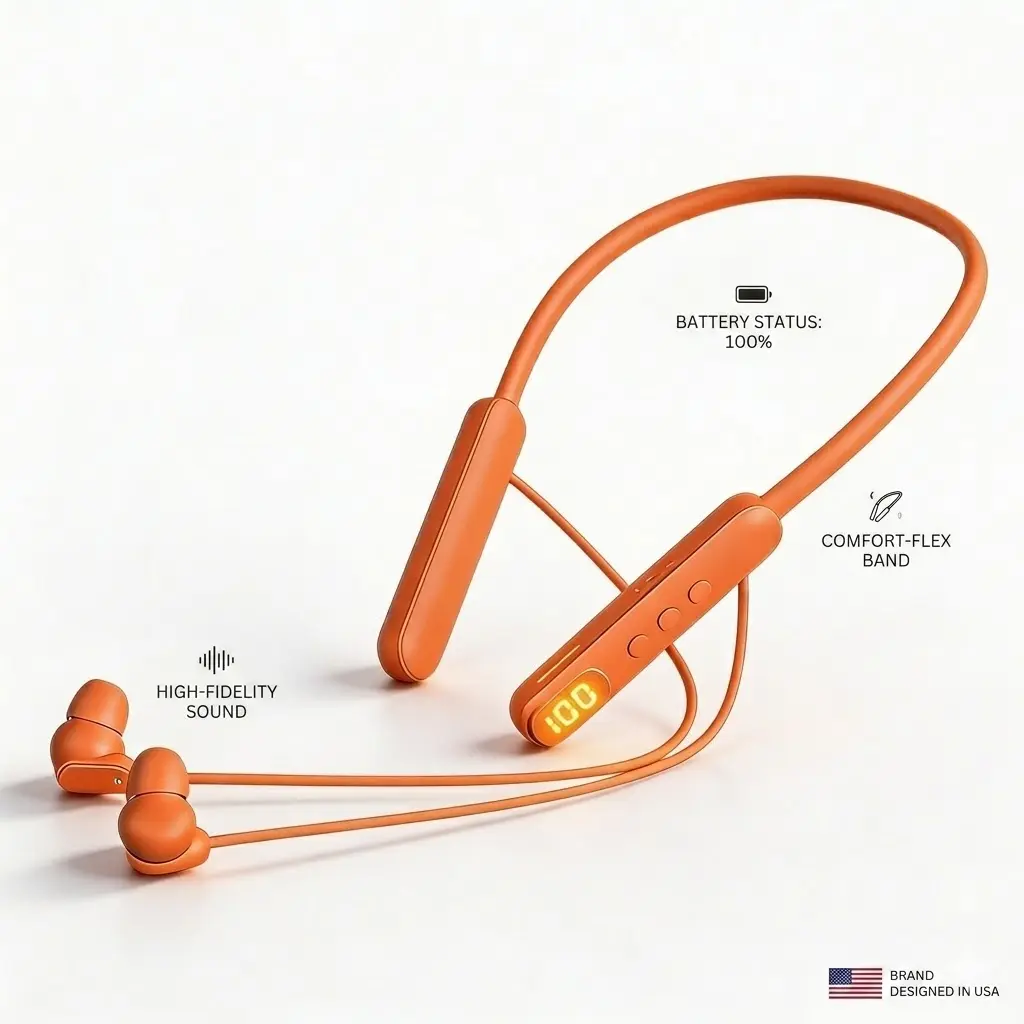 New Orange Neckband Headphones, Sports Sweatproof Earbuds, Air 5 Compatible, LED Display, Bluetooth 5.4 Fast Charging, Deep Bass Sound, 42H Battery, Hands-Free Calls, Applicable To Apple & Android, Great Boyfriend Gifts For New Year,Intelligent