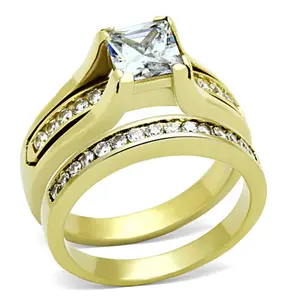 Women's Princess Cut CZ 14K Gold IP Stainless Steel Wedding Ring Set