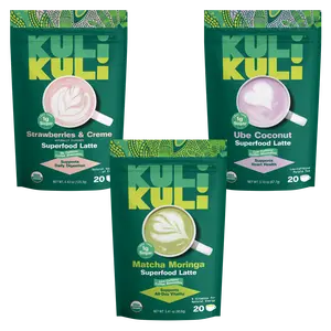 KULI KULI Superfood Lattes - Variety Pack - Strawberries & Creme, Ube Coconut, Matcha Moringa - Coffee Alternative with Zero Caffeine and <1g of Sugar