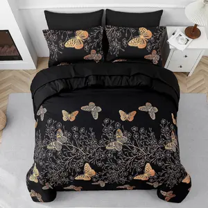 3-Piece Butterfly Floral Decorative Duvet Cover Set, High-Definition Digital Print, 1 Fitted Sheet + 2 Pillowcases, Polyester