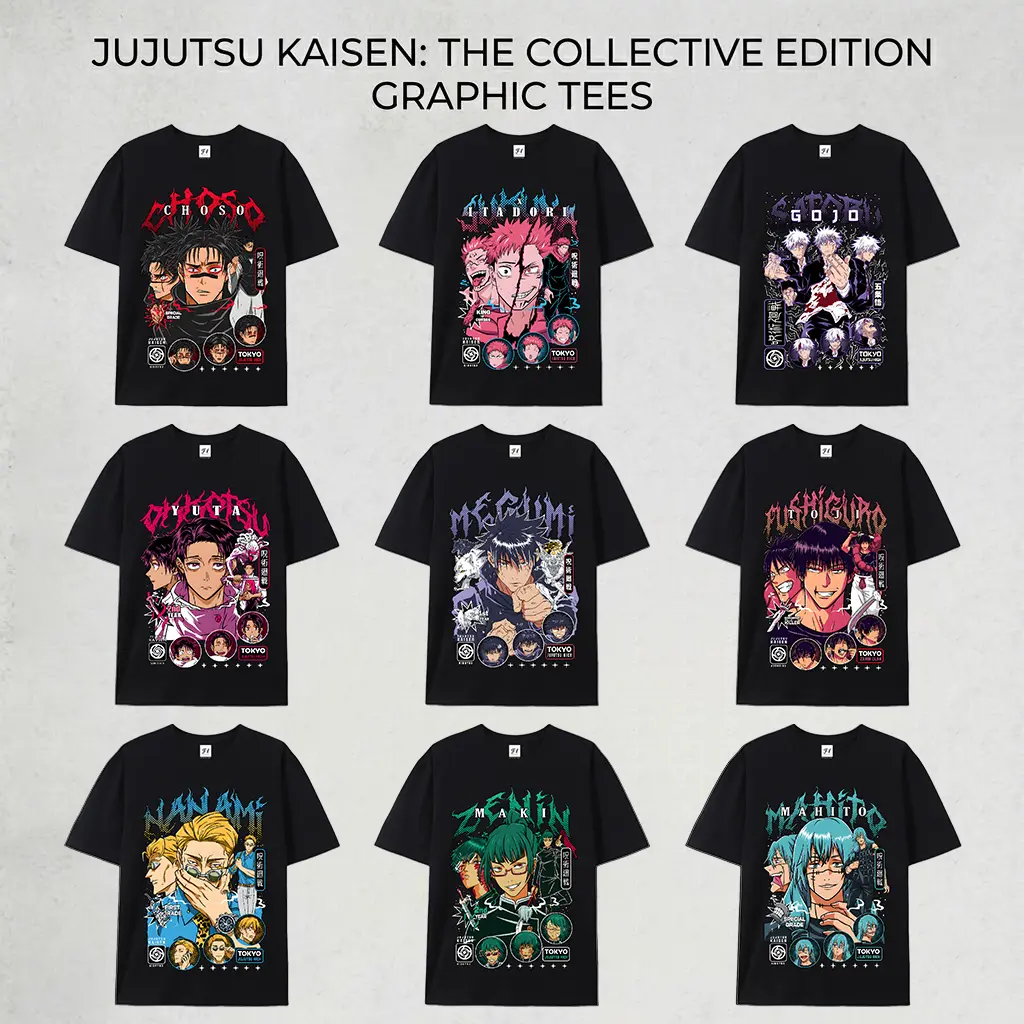 Men's Jujutsu Kaisen JJK Anime Graphic T-Shirt - 9 Sorcerer Options (Gojo, Toji, Megumi, Yuji) - Vintage Cotton Round Neck Short-Sleeve Oversized Menswear Top - Ideal Gift for Anime Lovers, Tshirt, Shortsleeve, Gifts For Him