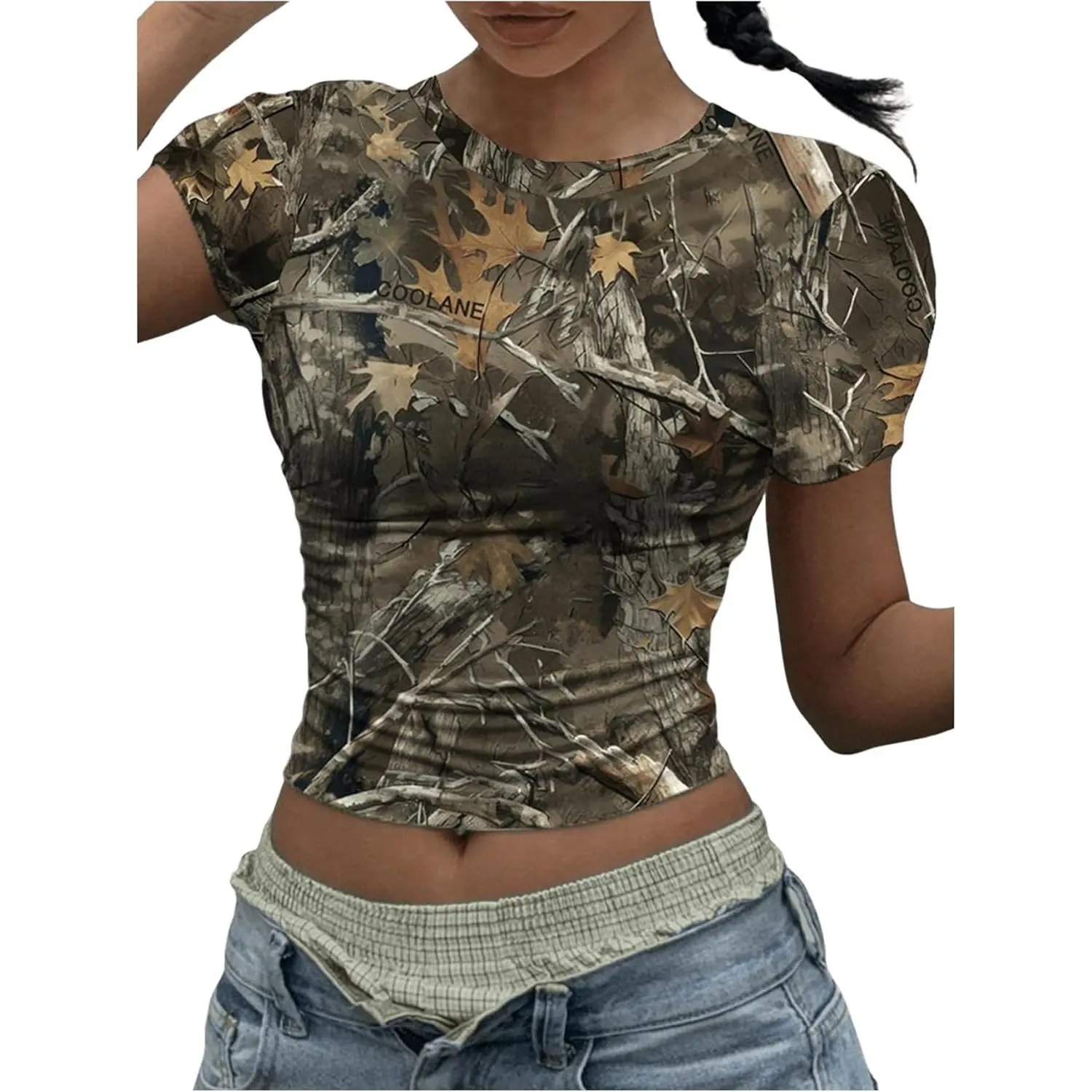 Women's Y2k Camo Maple Leaf Print Crop T Shirts Crew Neck Short Sleeve Slim Fit Tops Grunge Going Out Womenswear Tshirt Streetwear Summer Casual Camouflage Crewneck Shortsleeve Skinny country concert outfits vintage graphic tees women's graphic tees Grey