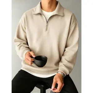 Men's Half-Zip Pullover Sweatshirt, Minimalist Aesthetic, Soft Fleece Fabric, Casual Stand Collar, Comfortable for Coffee Time, Commuting, Weekend Gatherings