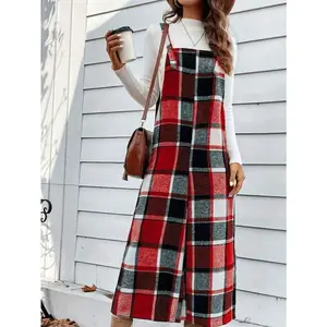 Christmas Women's Autumn/Winter Red Plaid Suspender Pants, Suspender Design, 7/8 Length Suspender Jumpsuit, Fashionable & Versatile For Daily Wear
