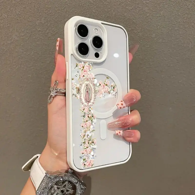 Magnetic Floral Cross Feminine Silicone TPU Phone Case - Aesthetic Multi-Model Phone Accessories with Shockproof, Lightweight, Scratch-Resistance for iPhone 17/16 E Pro Max/15 Plus/14/13/12/11/XS/XR