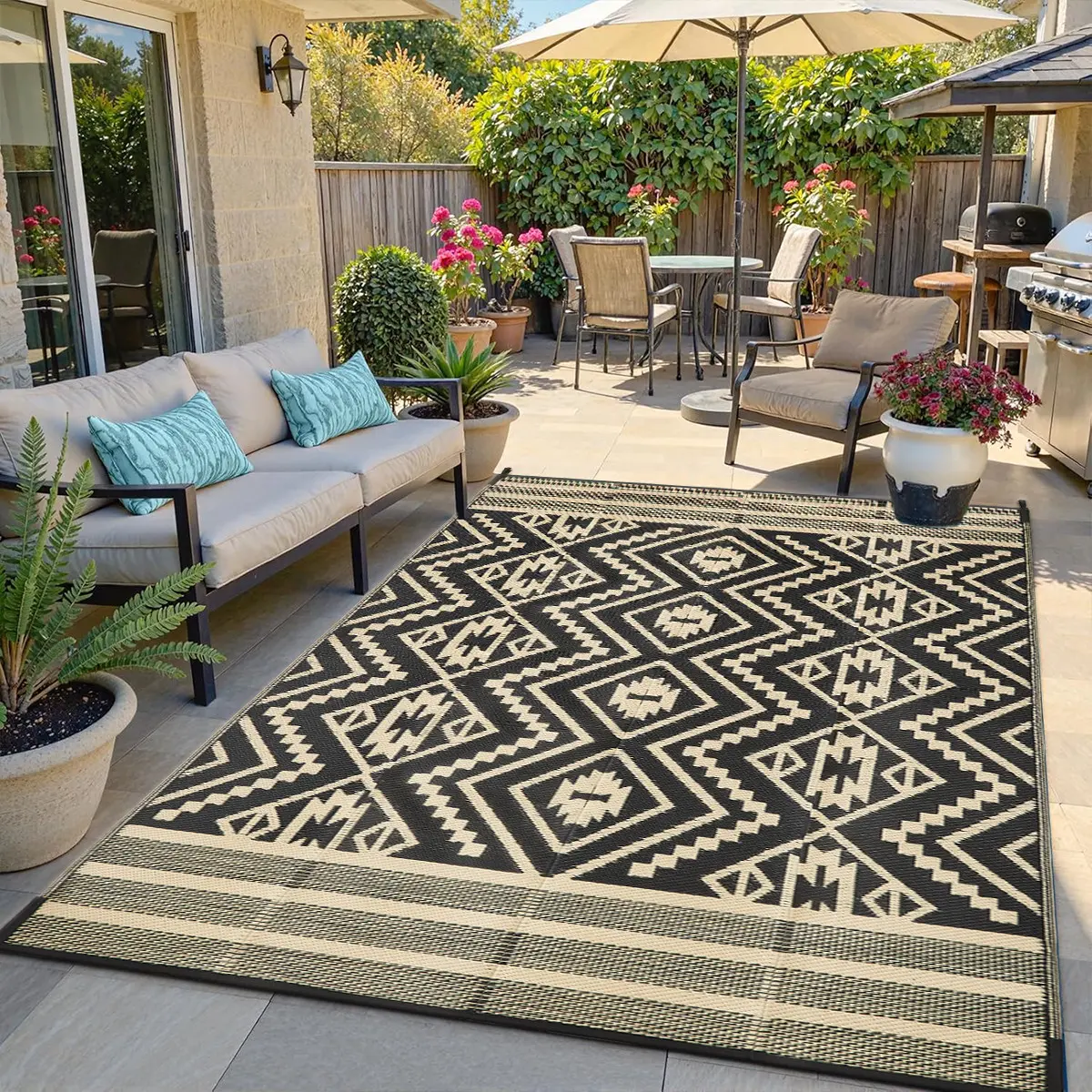 Outdoor Waterproof Rug, Dual-Sided Plastic Woven Geometric Design Rug, Modern Style Full Coverage, Large Size Reversible Waterproof Rug for RVs, Patios & Backyards