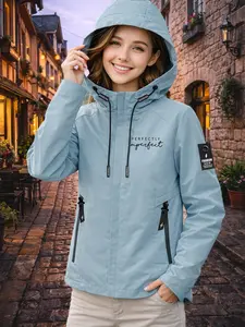 Women's Hooded Windbreaker Jacket, Outerwear, Two Colors Available Handwritten Print Textured Eye-Catching Loose Fit Slim Age-Reducing Street Style Versatile Comfortable Breathable Machine Washable Jacket