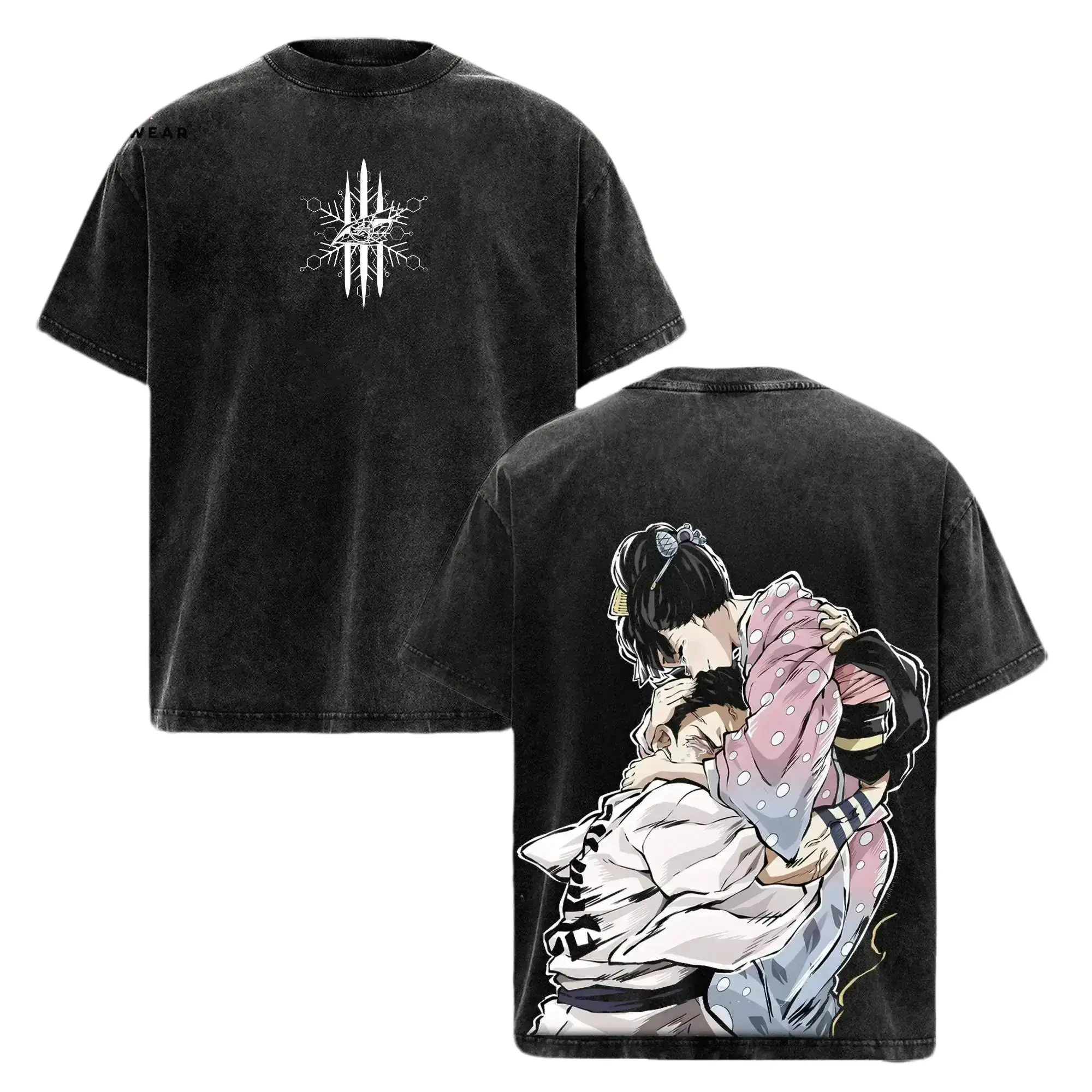 Men's Demon Slayer Akaza & Koyuki Graphic T-Shirt - Oversized Acid Washed Seamless Shortsleeve Apparel, 230gsm Heavyweight Premium Cotton Classic Casual Top, Rib Detailing
