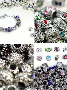 A box of vintage silver large hole beads, made of silver metal rhinestone alloy material, with colorful bohemian style vintage antique spacer beads, suitable for DIY bead bracelet products
