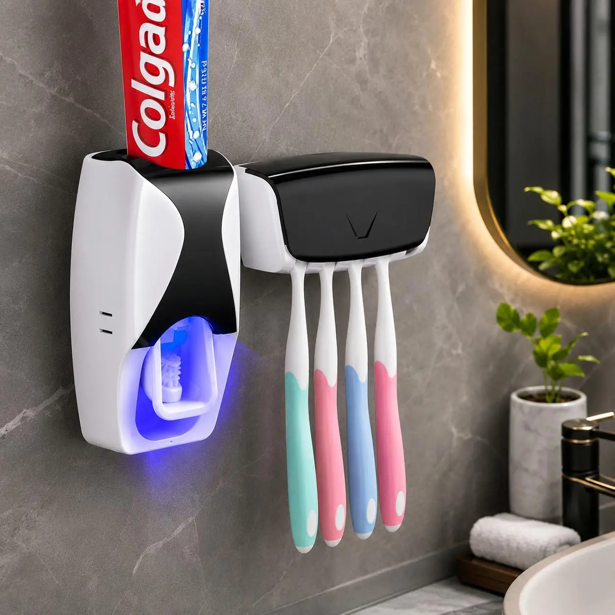 Black Wall Mounted Toothpaste Dispenser & Toothbrush Holder Set | Automatic Toothpaste Squeezer Bathroom Organizer for Kids & Family,Toothbrush Storage Toothbrush Protector Bathroom Accessory