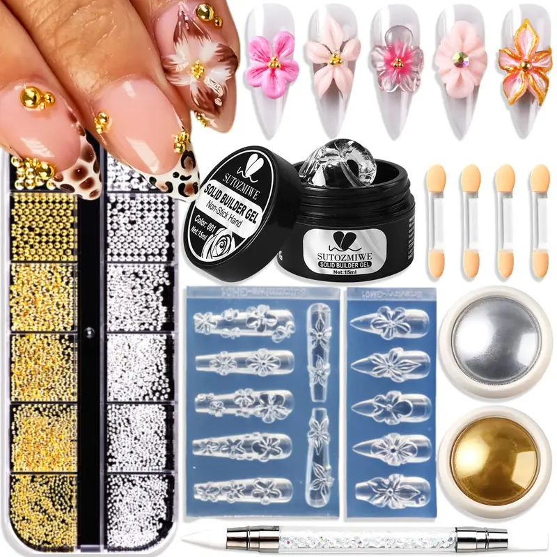 Cute Reusable Floral 3D Gel Nail Art & Gems Ball Manicure Kit - 15g Solid Builder Gel for Sculpting, Hibiscus & Cherry Blossom Designs, Chrome Powder, Silicone Molds, Press Fill Cure for Home Nail Care Beginners (Multi-Pack)