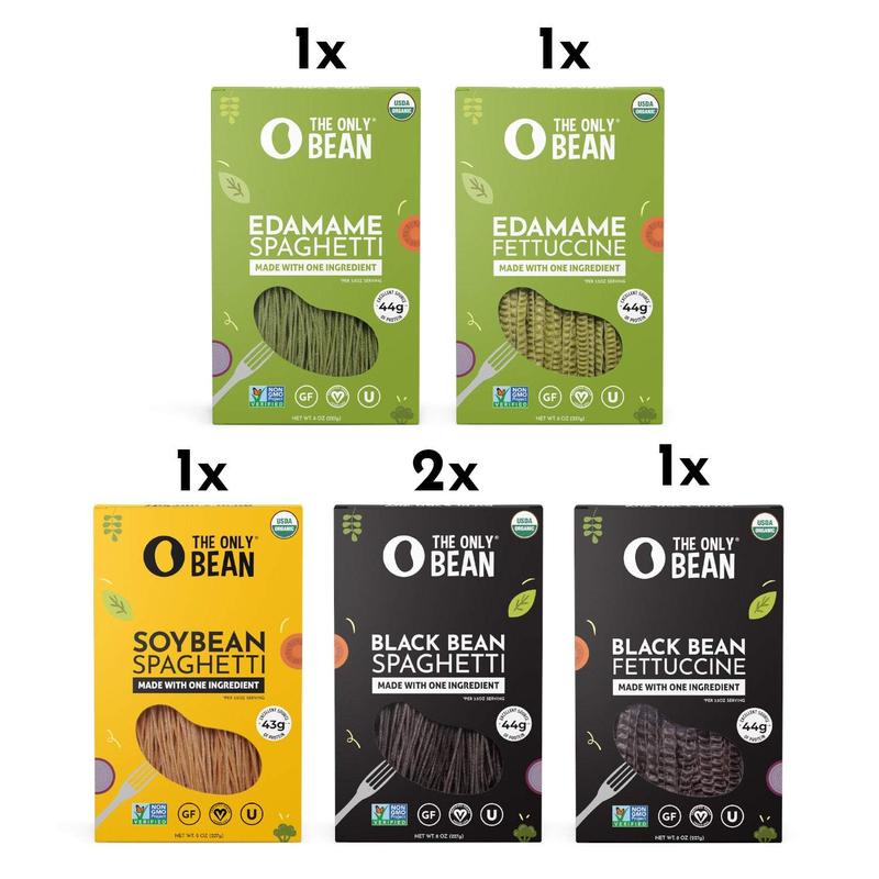 Organic Bean Pasta Variety Pack - Soy, Edamame, & Black Bean Spaghetti / Fettuccine (6 Pack) High Protein,Vegan, Low Carb