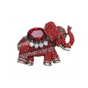 Vintage Elephant Brooch Pin - Red Gemstone & Accents, Golden-Tone Rhinestone Embellished Design for Men & Women, Unique Gift for Suits